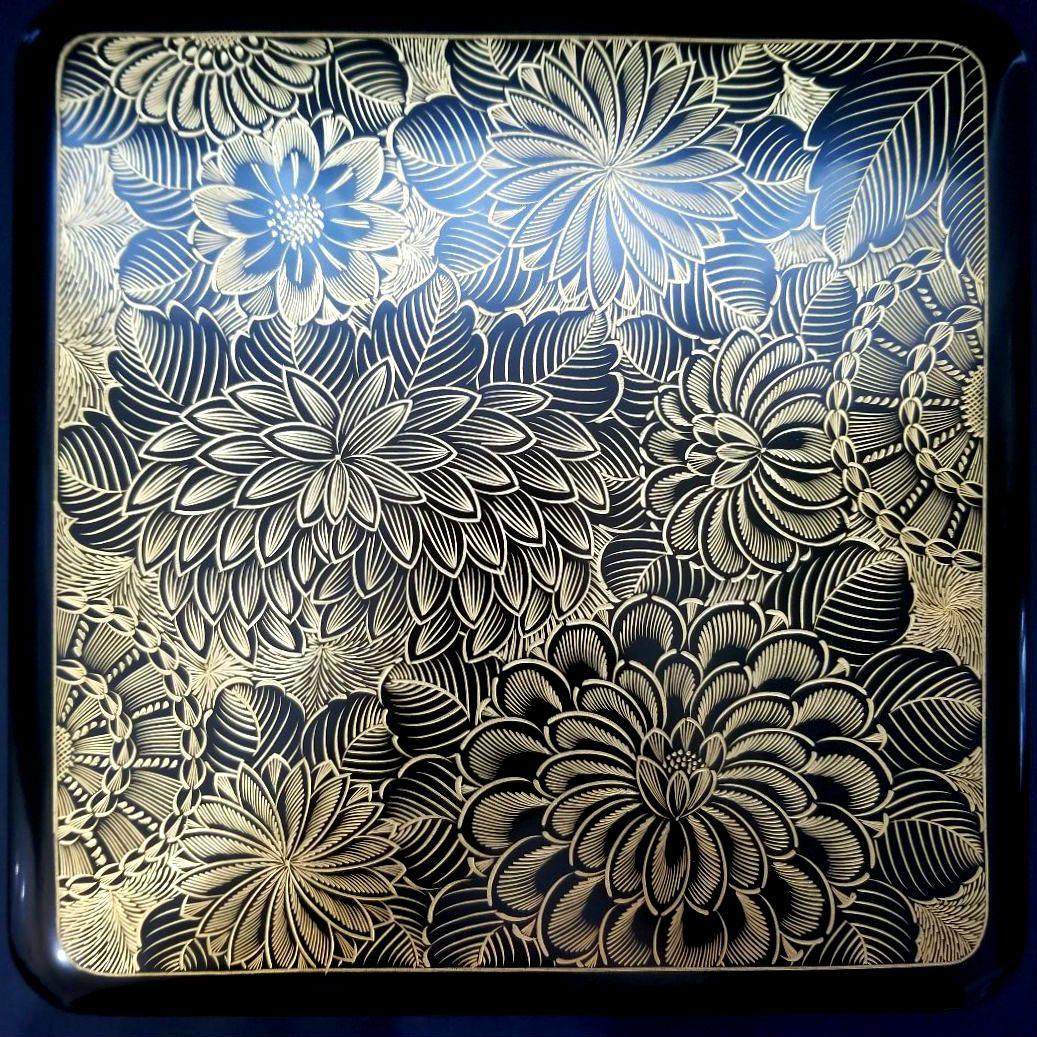 極美品未使用 輪島塗 布着本堅地 二段重 黒漆 極上菊詰 沈金 蒔絵 重箱 ①