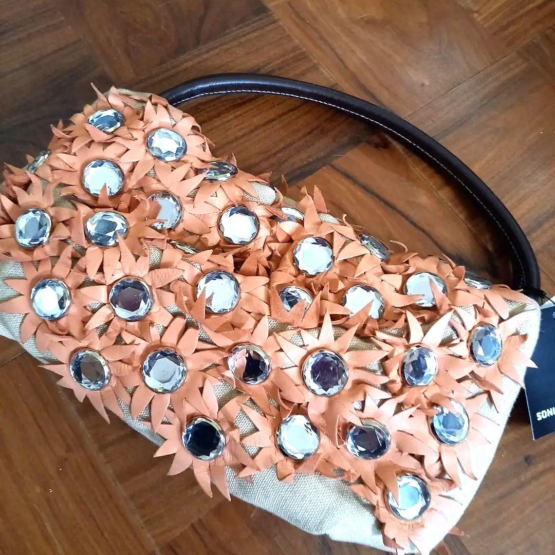 ソニアリキエル　オレンジクリスタル装飾パーティーバッグ　35×18×8cm