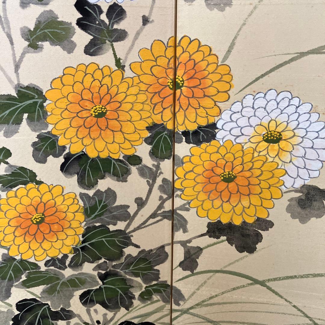 屏風 春湖 牡丹 絹本 引取品 年代物 時代物 美術品 アート