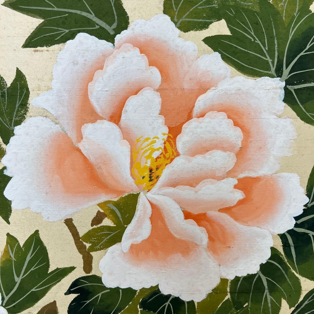 屏風 春湖 牡丹 絹本 引取品 年代物 時代物 美術品 アート