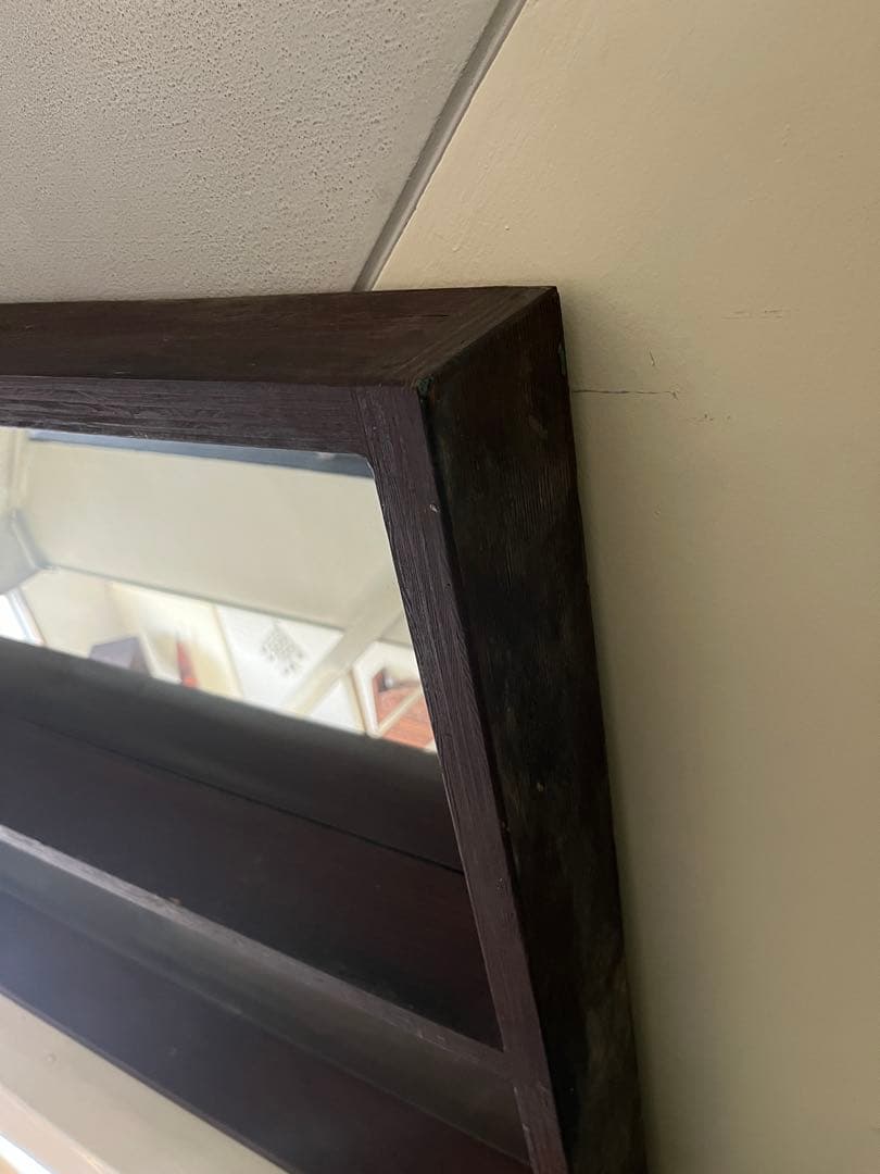 ダークブラウン木製ミラー付き壁掛けシェルフ店舗什器カフェBAR