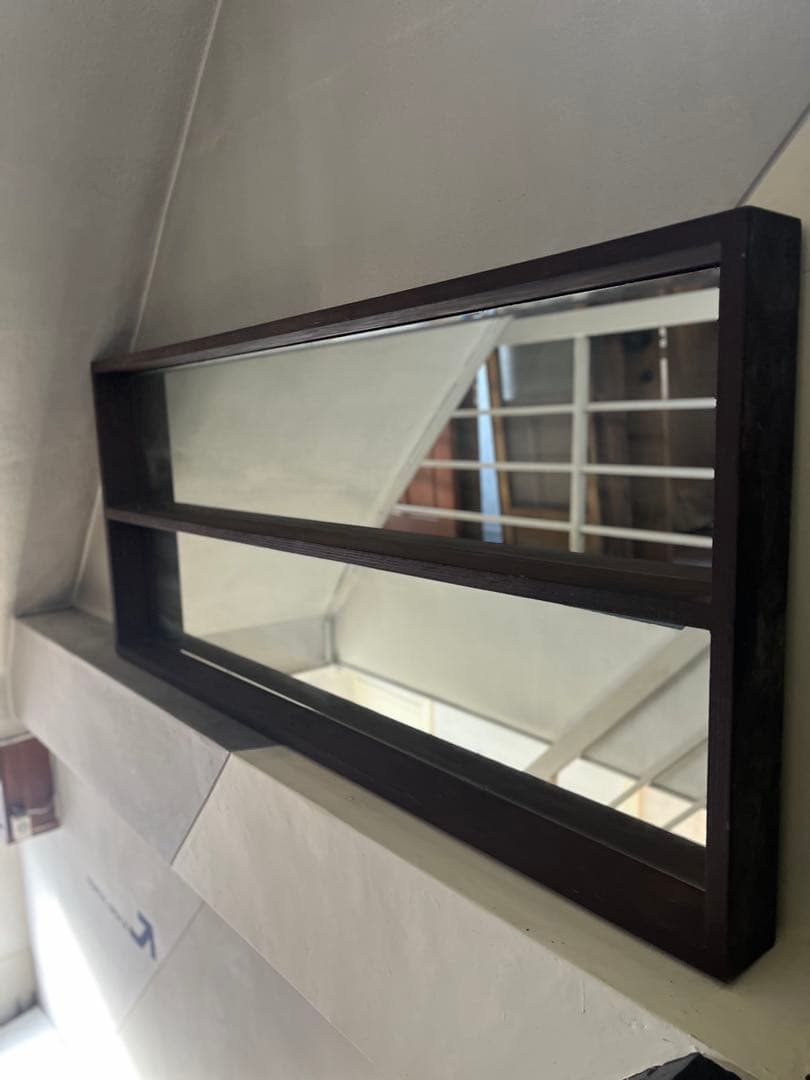 ダークブラウン木製ミラー付き壁掛けシェルフ店舗什器カフェBAR