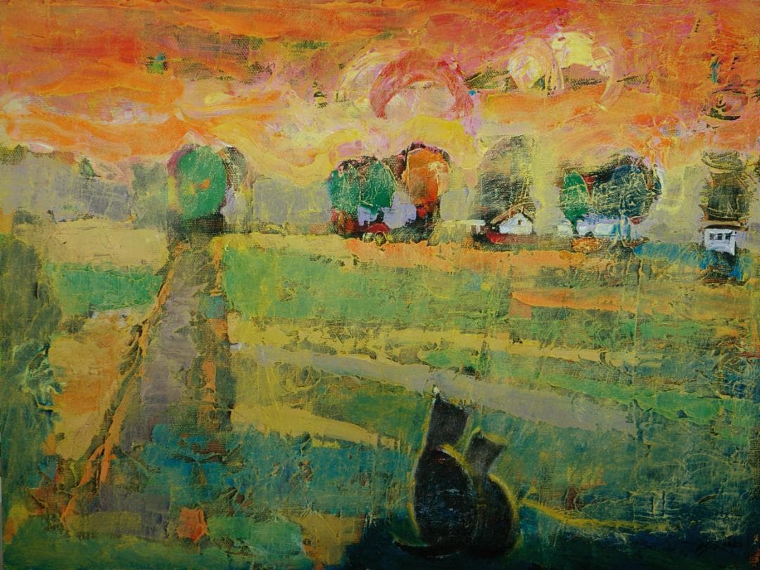 油絵 菅家令子 絵 絵画インテリア額付(白) uF6-070919夕朝陽 猫親子