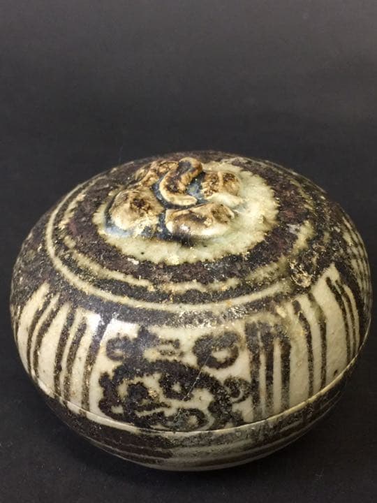 宋金時代 磁州窯 鉄絵塑磁 香合  年代物 宋胡緑