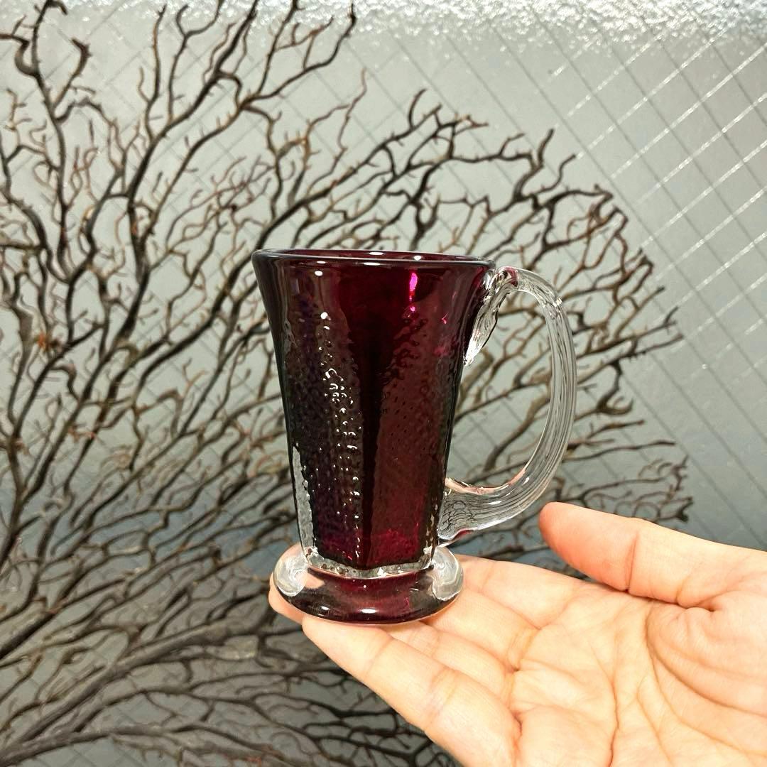 骨董　時代　希少金赤ガラス　取手付き　プレス調　アイスクリームコップ　ウラン③