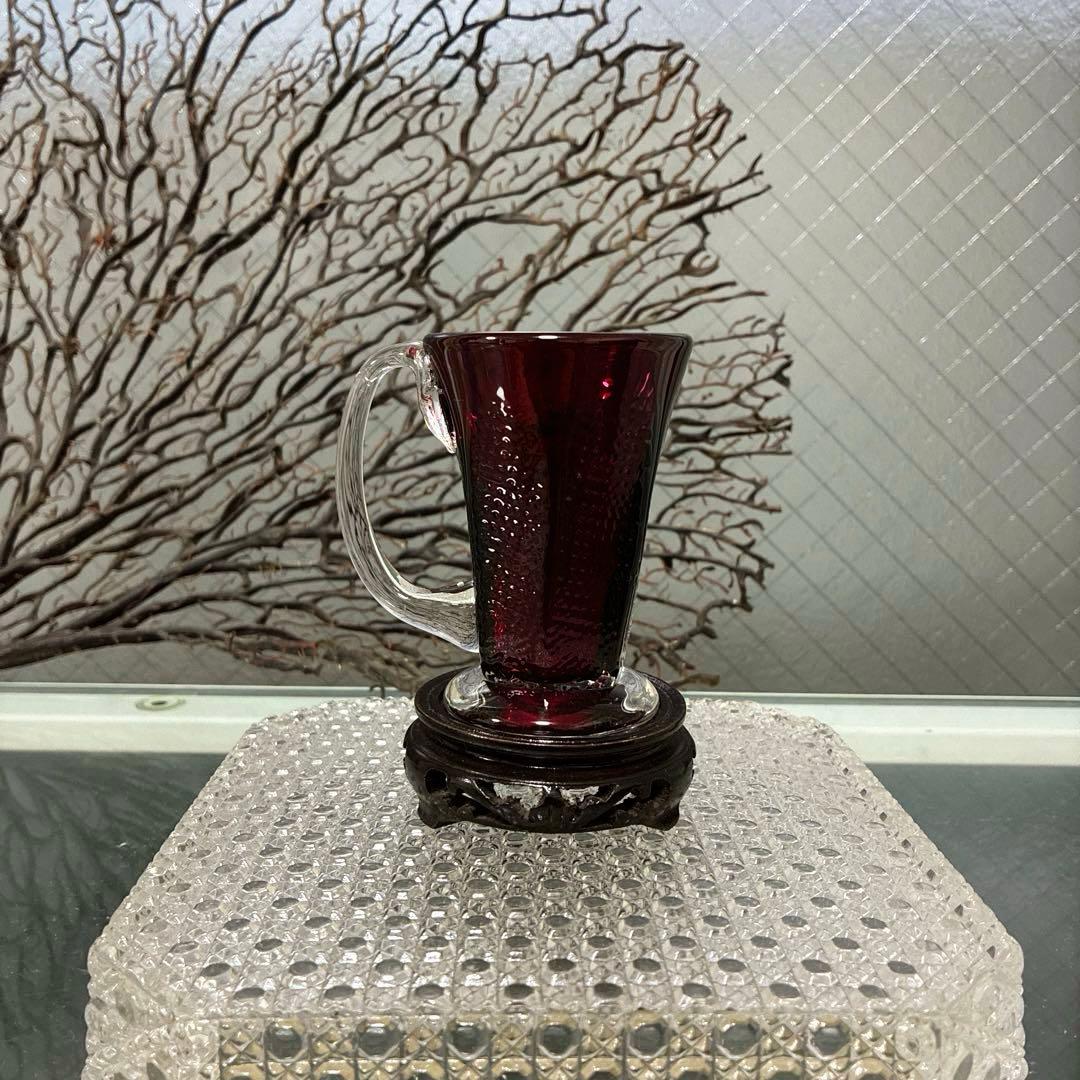 骨董　時代　希少金赤ガラス　取手付き　プレス調　アイスクリームコップ　ウラン③