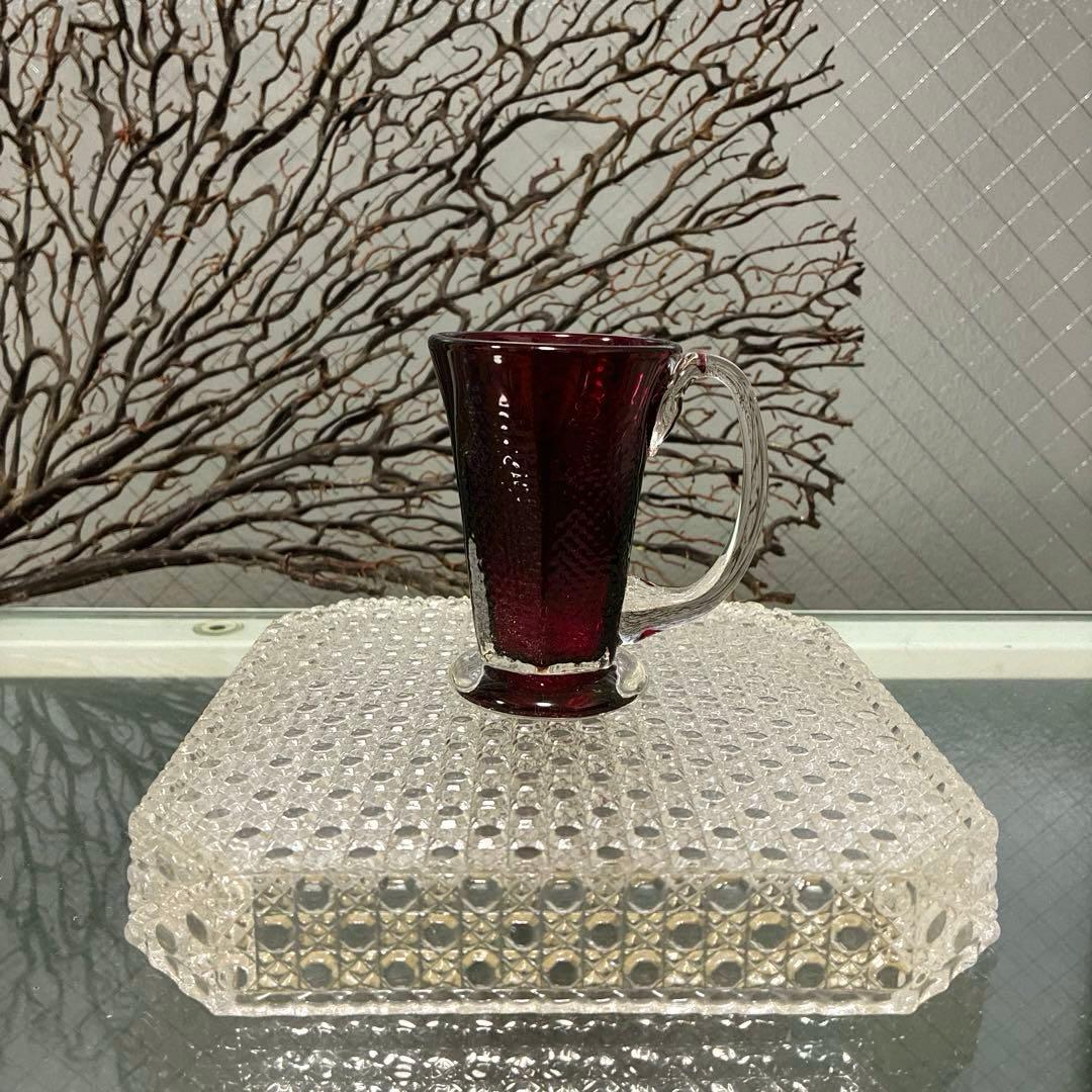 骨董　時代　希少金赤ガラス　取手付き　プレス調　アイスクリームコップ　ウラン③