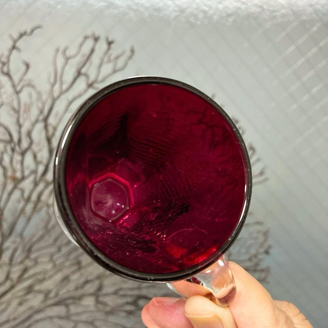 骨董　時代　希少金赤ガラス　取手付き　プレス調　アイスクリームコップ　ウラン③