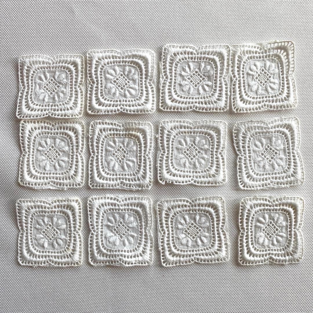 アンティーク ロマンティック コットン刺繍 レース ワッペン 四角リーフ柄×12