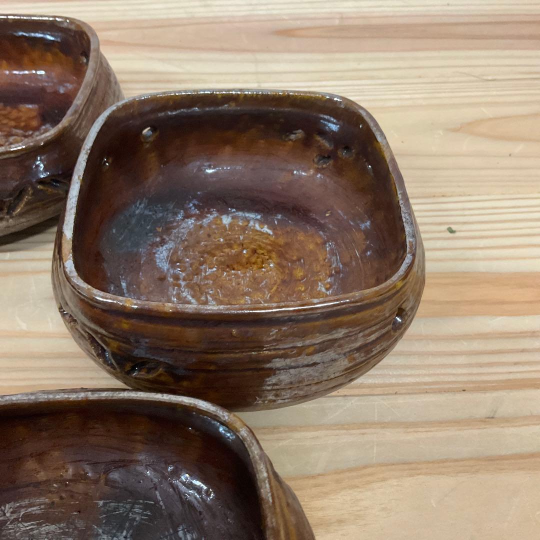 6代大樋長左衛　飴釉四方七宝透かし向付　5客揃え