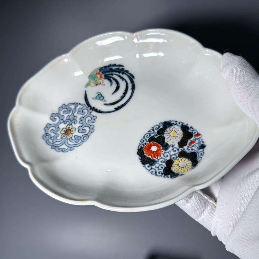 大正〜昭和初期　十二代柿右衛門　錦　丸文様　鳳凰文　変形皿　角福　十枚　希少な器