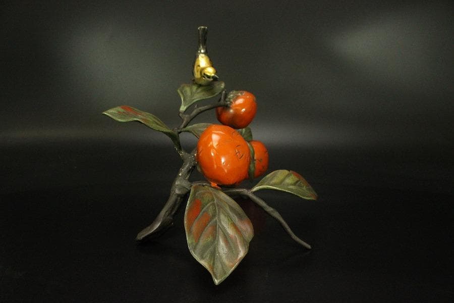 柿 木枝実 野鳥 置物 金属工芸(メ1168)