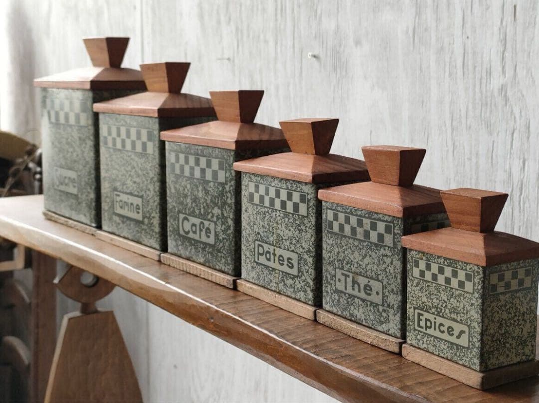 フランス アンティーク tin can 木蓋 キャニスター 6個セット ティン缶