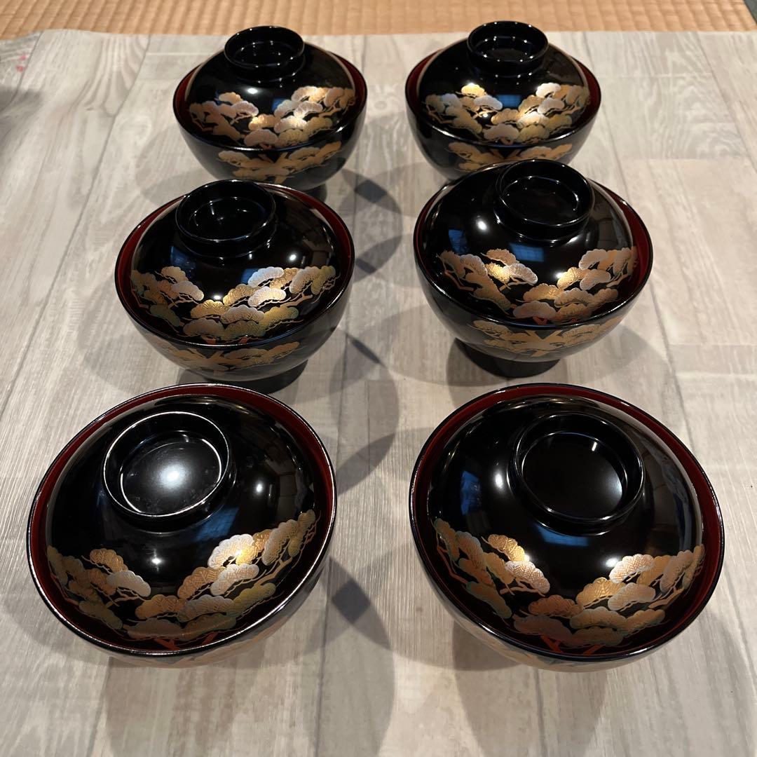 未使用品　雑煮椀　木製　黒内朱塗　松飾り　6組