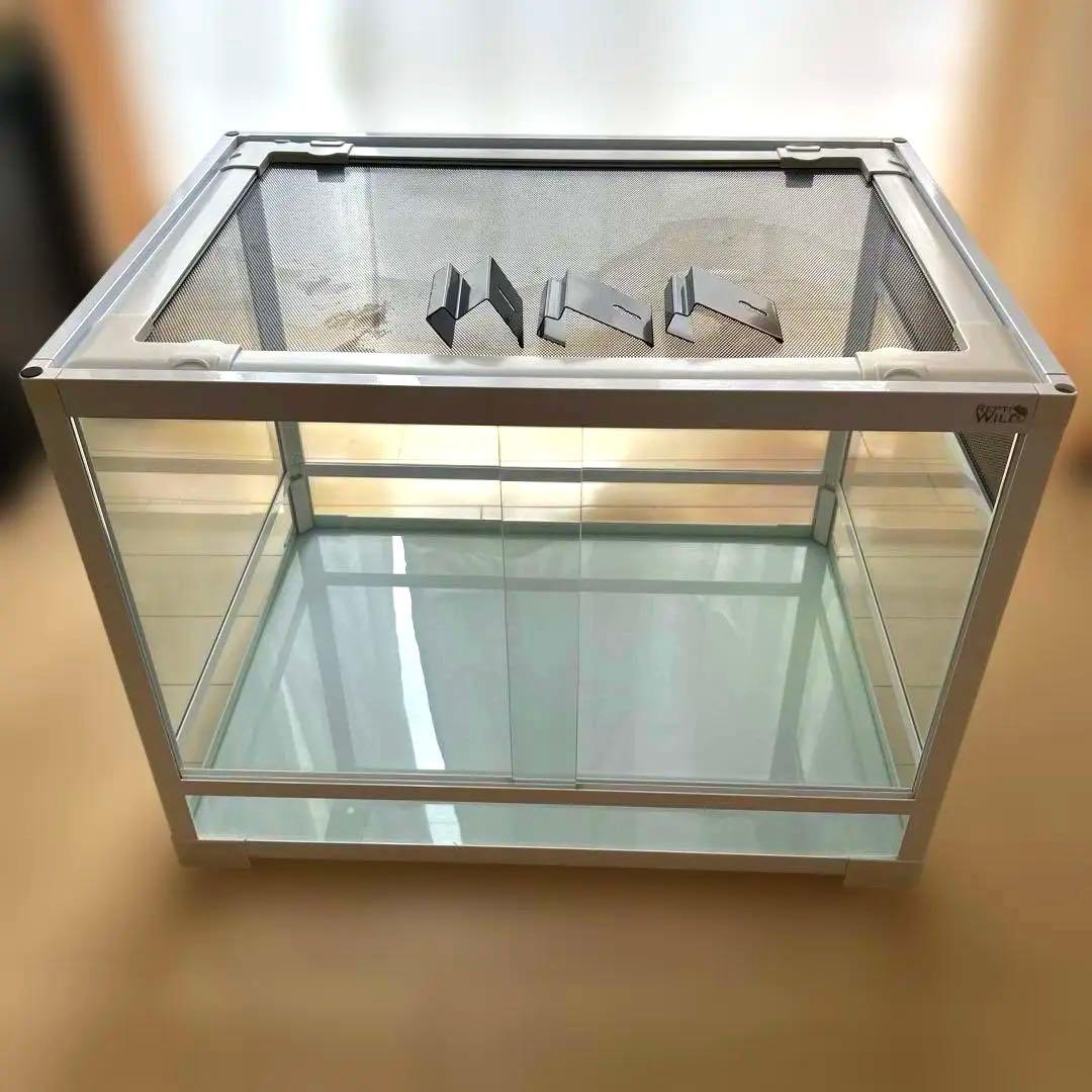 飼育ケージ 透明ガラス メッシュ蓋付き　付属品3個　爬虫類ケージ