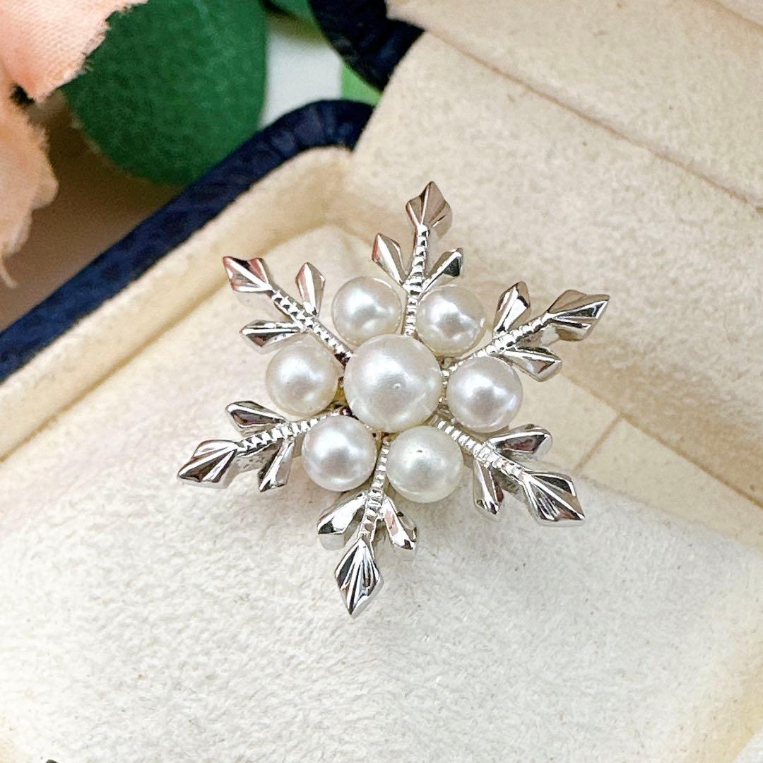 美品✨MIKIMOTO✨パール7珠 ピンブローチ　シルバー　雪の結晶