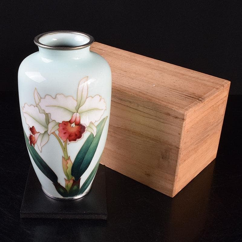 七宝焼　安藤七宝店　花文　花瓶　唐木台　時代箱付　M　R9165