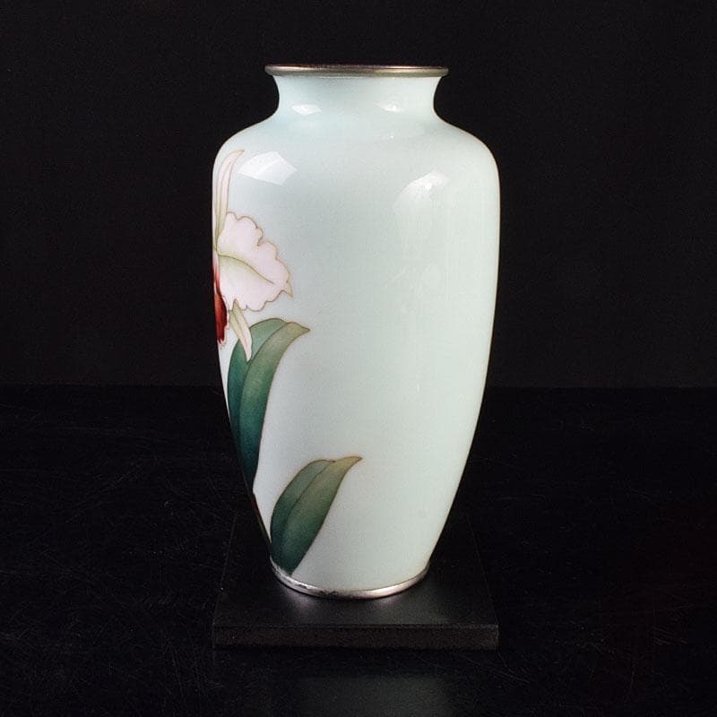 七宝焼　安藤七宝店　花文　花瓶　唐木台　時代箱付　M　R9165