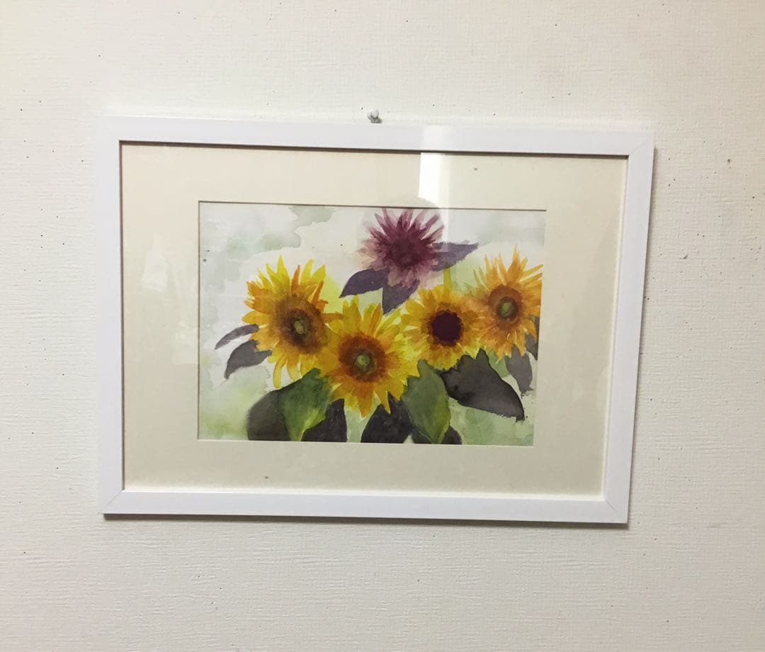 透明水彩画　原画　F4　「ひまわり」　フレーム付
