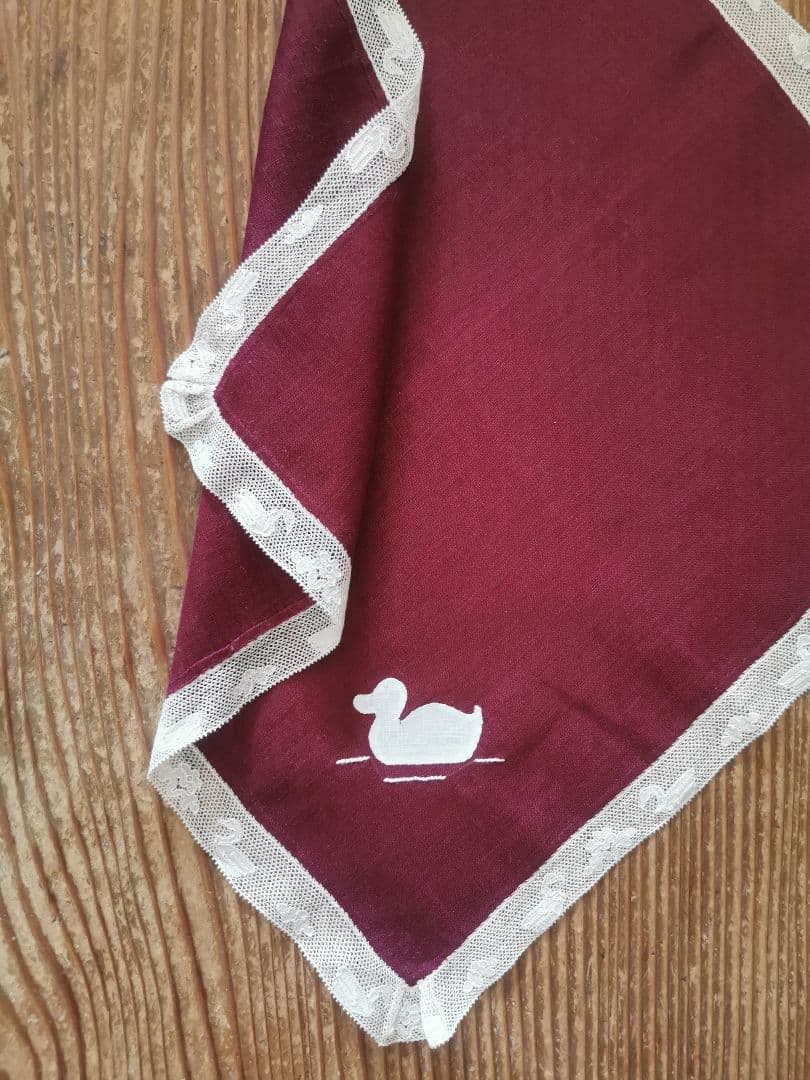 アンティーク 家鴨アップリケ刺繍 繊細な水鳥＆水草花アランソンレース クロス α