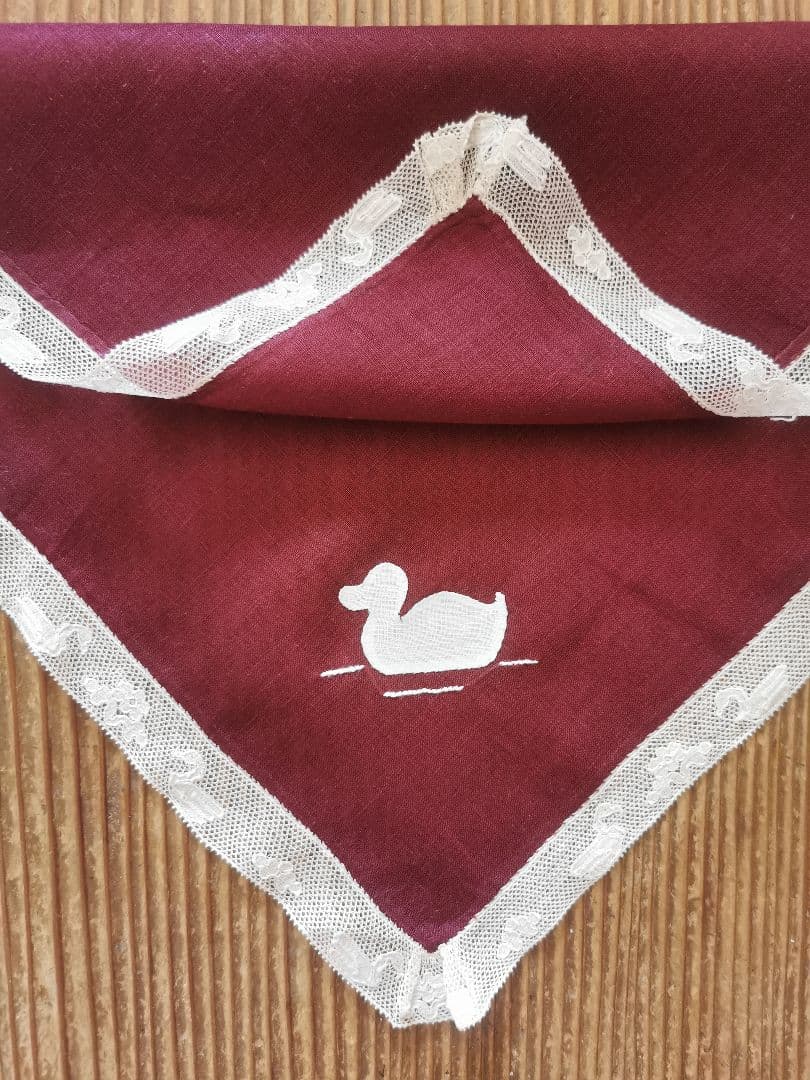 アンティーク 家鴨アップリケ刺繍 繊細な水鳥＆水草花アランソンレース クロス α