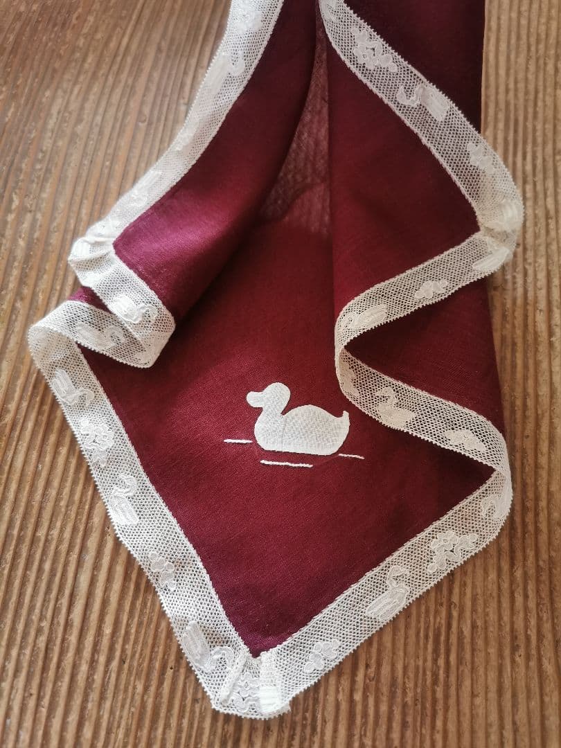 アンティーク 家鴨アップリケ刺繍 繊細な水鳥＆水草花アランソンレース クロス α