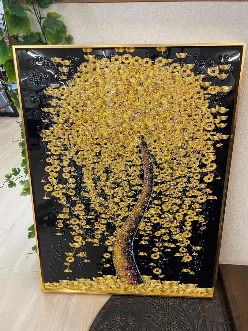 水晶絵　アートパネル　金の生る木　金運　クリスタル　立体　絵画　アート　ゴールド
