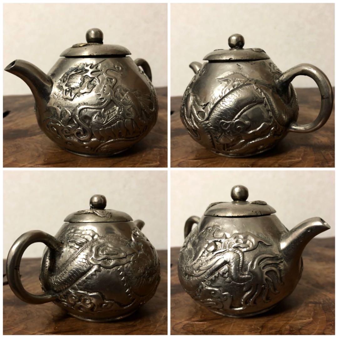 中国美術 古白銅 急須 五本爪龍遊刻 436㌘
