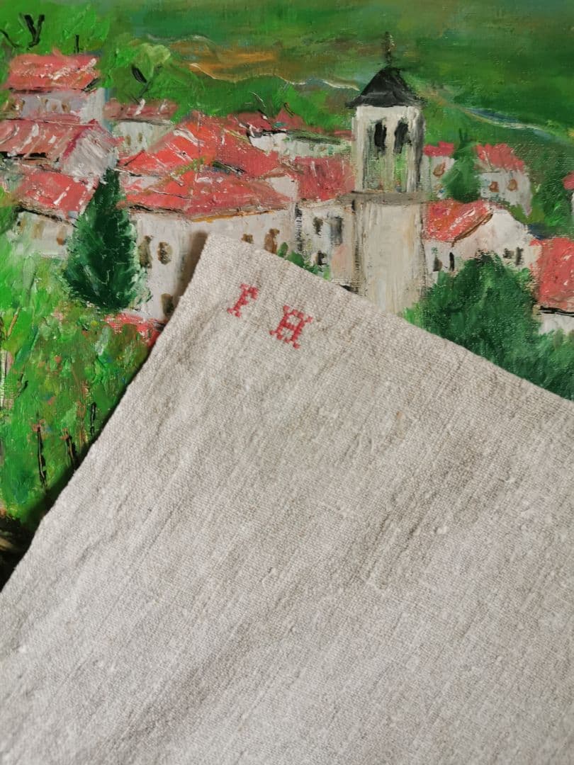 アンティークフランス ラスティック ホームスパンリネン イニシャル赤糸刺繍クロス