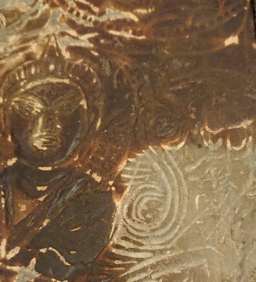 中国アンティーク 石塀 彫刻 福の神(?) 、蓮