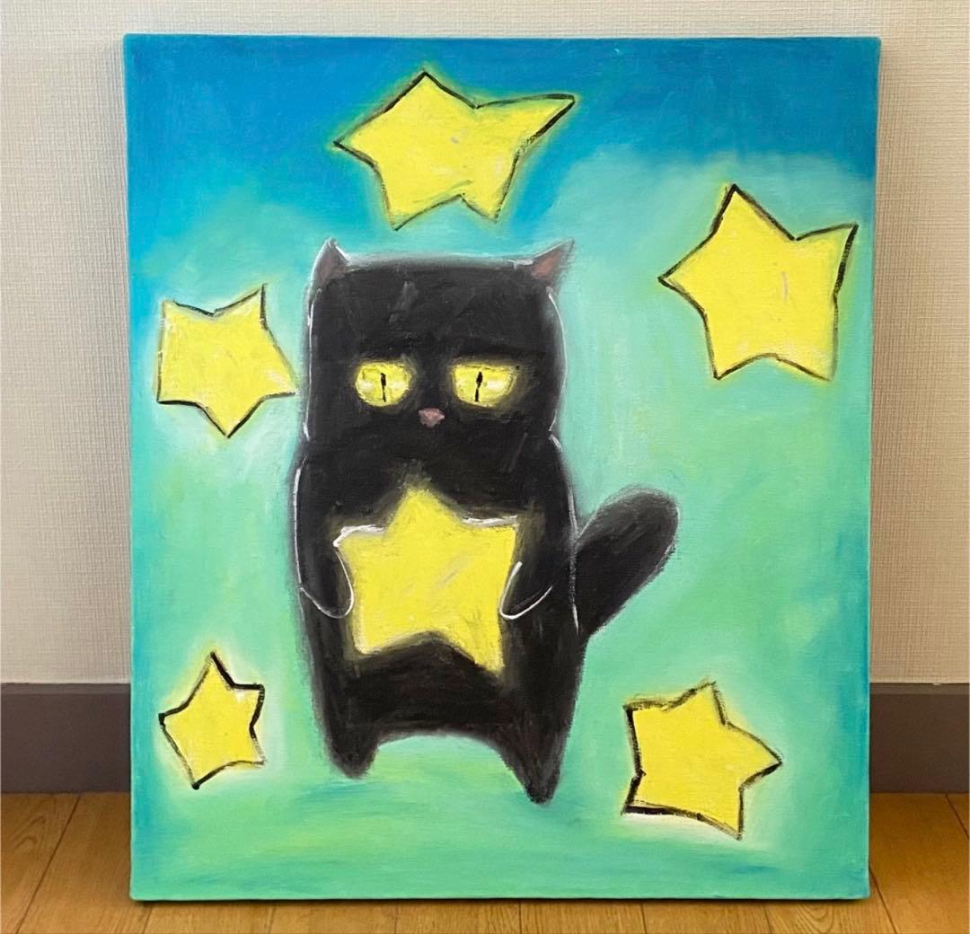 絵画。原画☆キャンバス F10【夜、黒猫が星を抱いて願い事をする】
