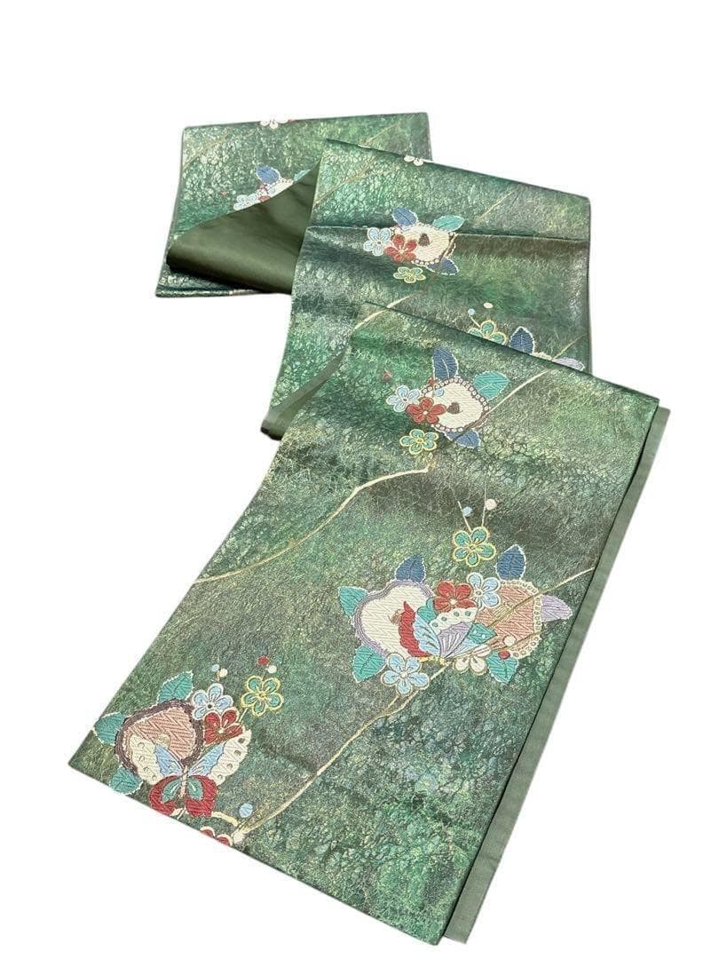 A13 美品　袋帯　唐織蝶花　グリーン　金通　逸品