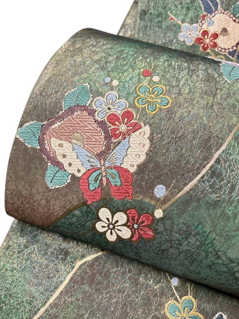 A13 美品　袋帯　唐織蝶花　グリーン　金通　逸品