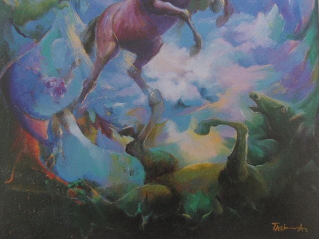 田嶌郁於、【争う】、希少な額装用画集より、新品額装付、状態良好、送料込み