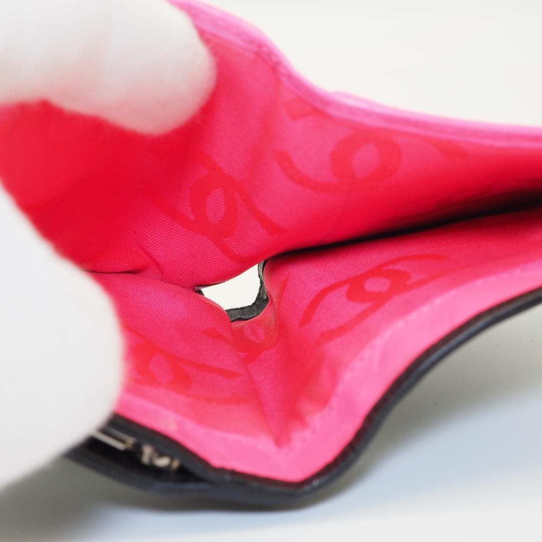 CHANEL シャネル カンボンライン 二つ折り財布 がま口 黒×ピンク