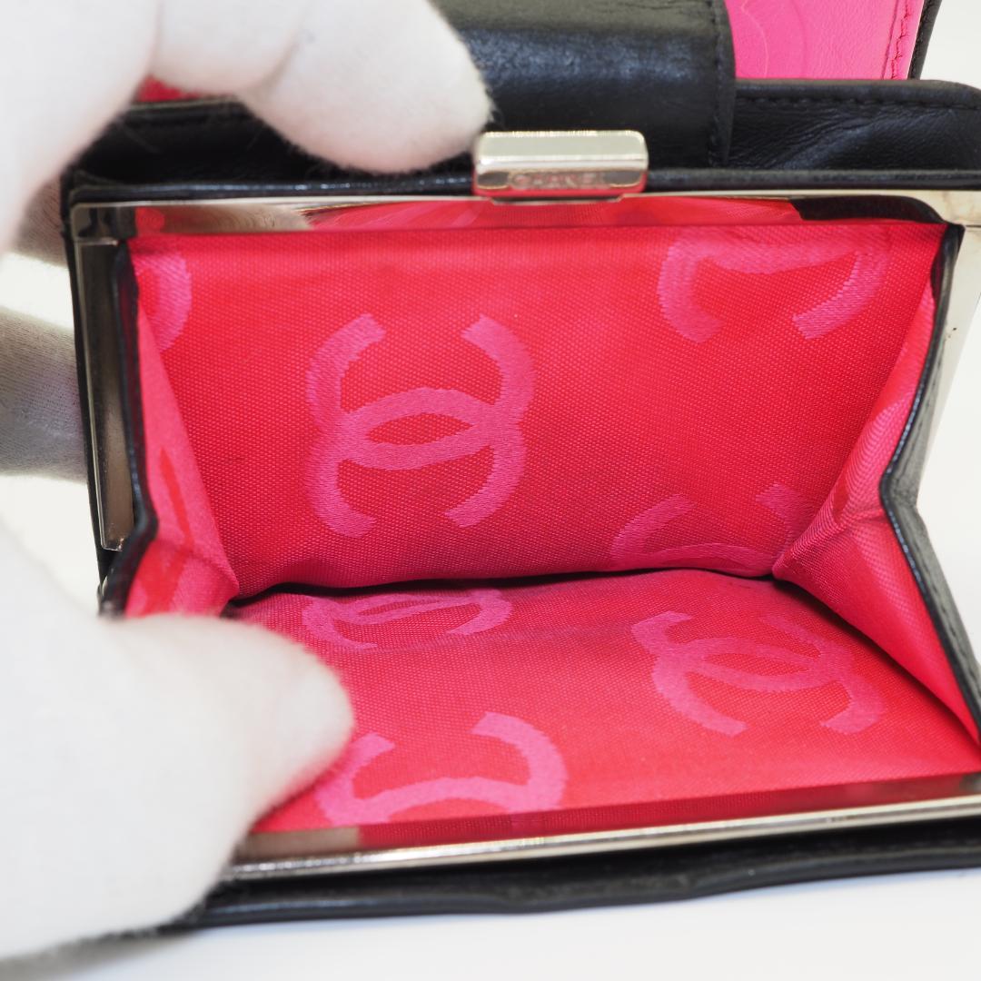 CHANEL シャネル カンボンライン 二つ折り財布 がま口 黒×ピンク