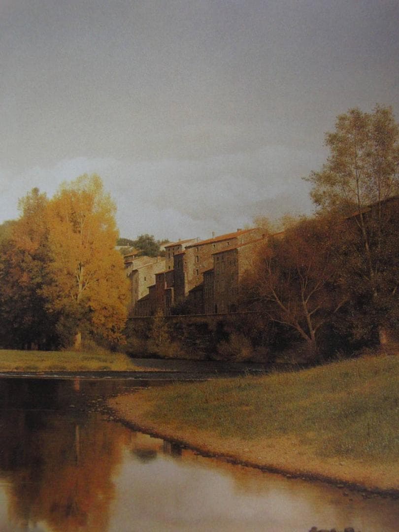 森本草介、【川辺の風景】、希少な額装用画集より、新品額装付