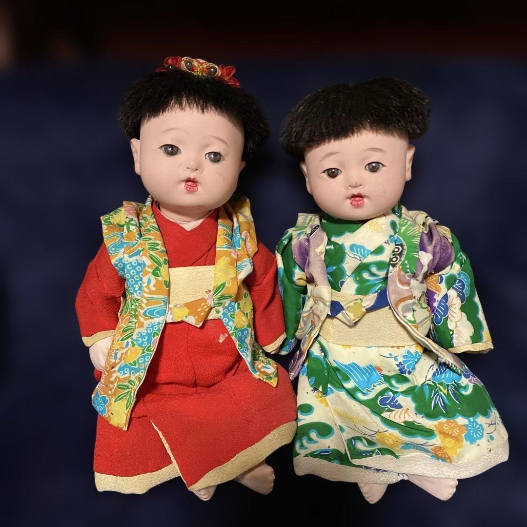 市松人形　幼人形　お座り人形　ペア　２体　昭和初期　２５ｃｍ