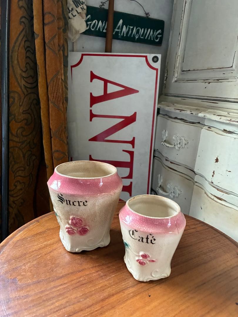 フランス　アンティーク　陶器　キャニスター　バルボティーヌ　ローズ　ピンクBレア