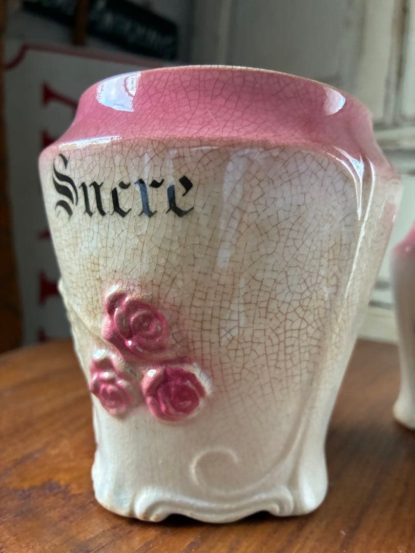 フランス　アンティーク　陶器　キャニスター　バルボティーヌ　ローズ　ピンクBレア