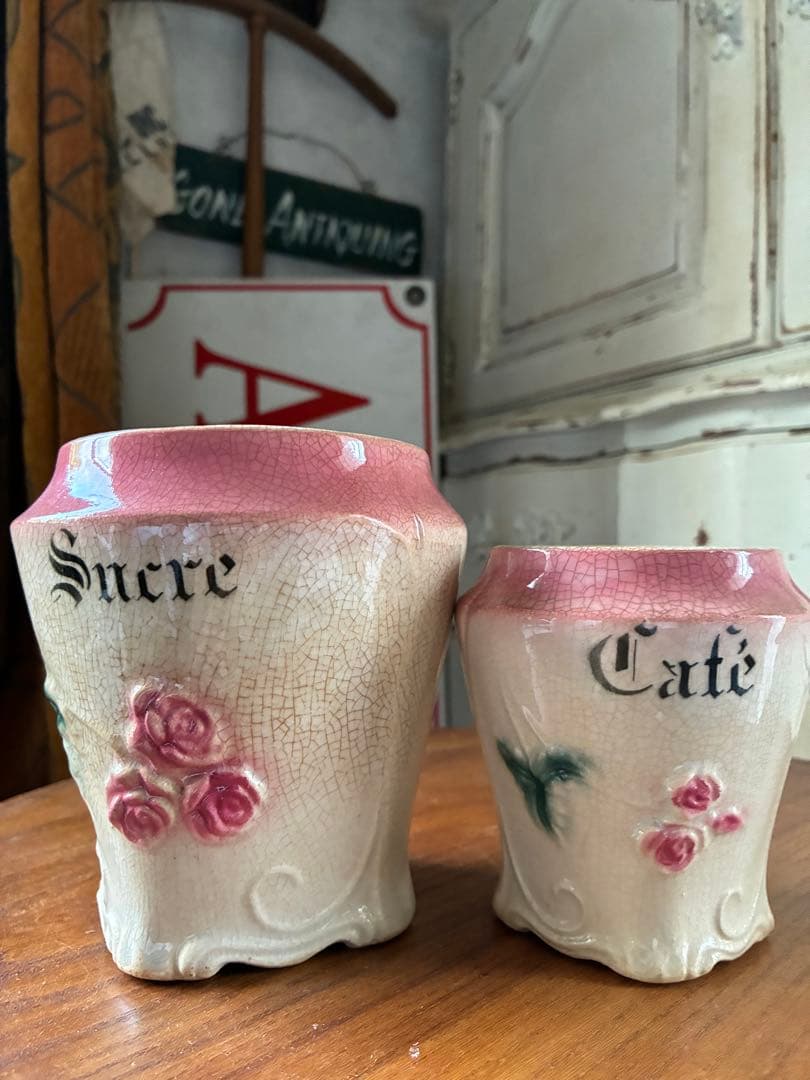 フランス　アンティーク　陶器　キャニスター　バルボティーヌ　ローズ　ピンクBレア