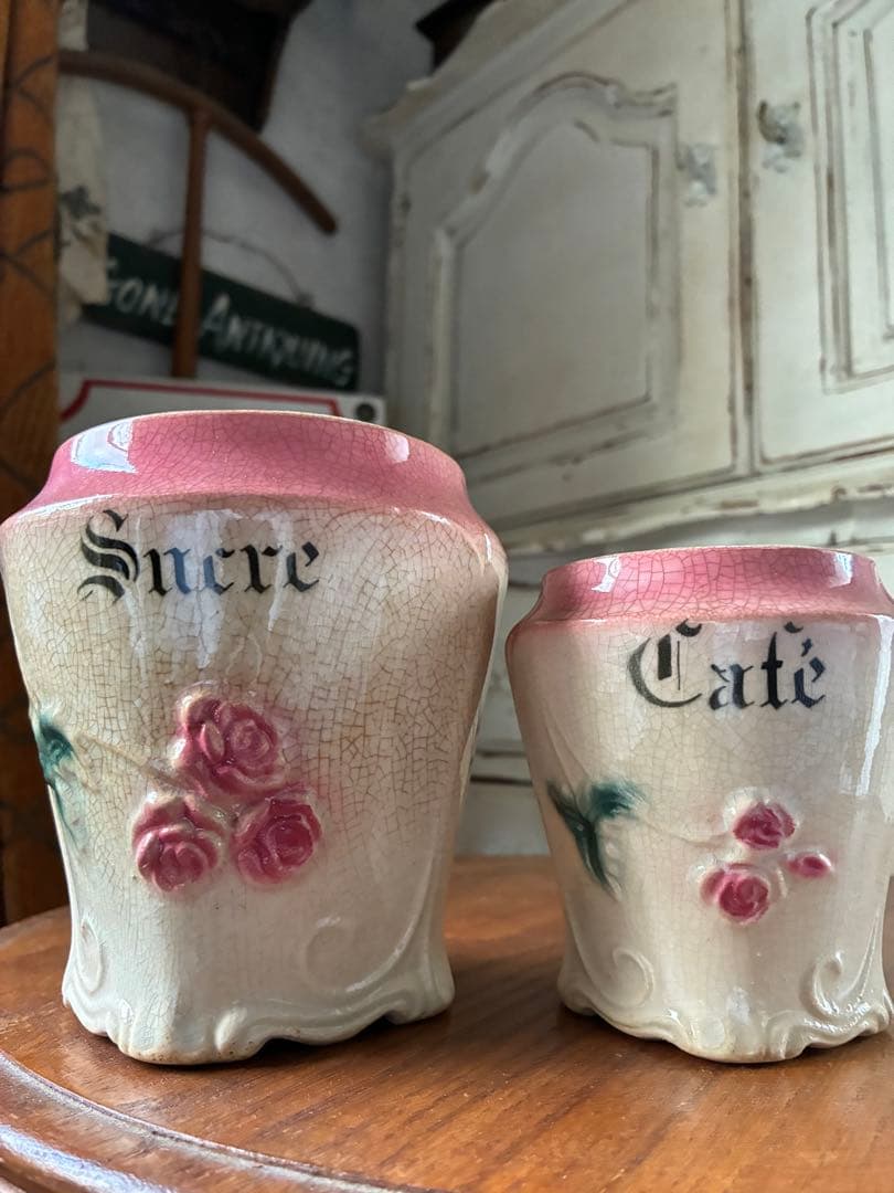 フランス　アンティーク　陶器　キャニスター　バルボティーヌ　ローズ　ピンクBレア