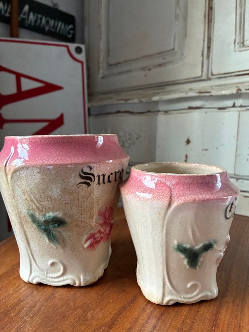 フランス　アンティーク　陶器　キャニスター　バルボティーヌ　ローズ　ピンクBレア