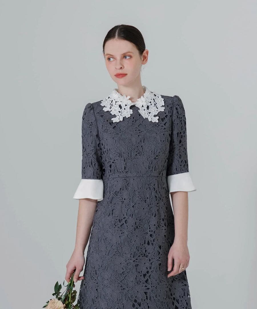 【LEJA】花柄レースカラースパンコール刺繍Aラインフレアドレスワンピース結婚式