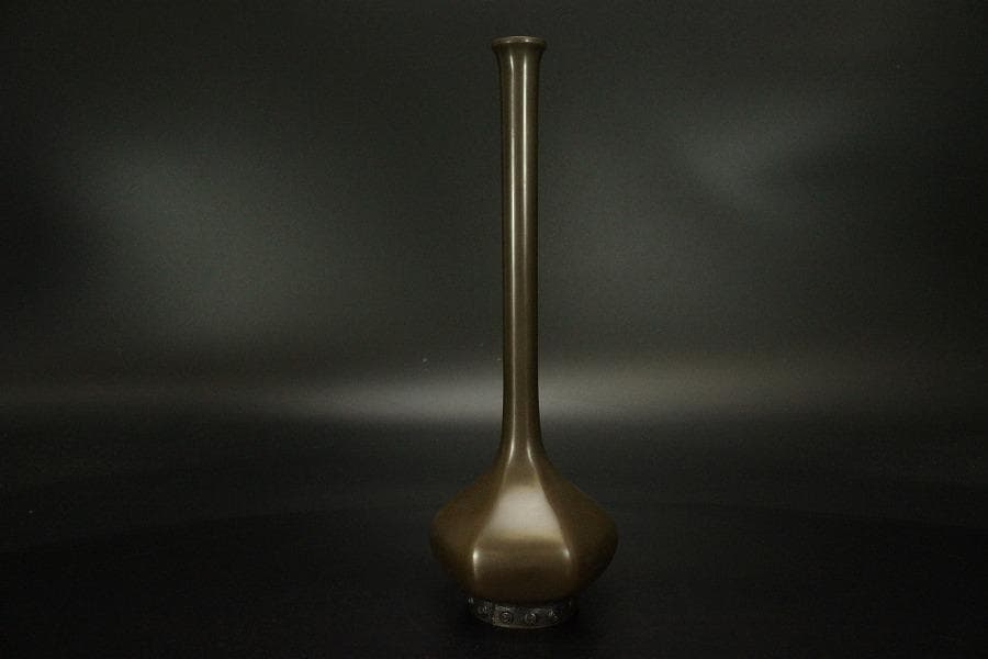 茶道具 銅 鶴首 花入 利三郎作 共箱 未使用(ZE516)