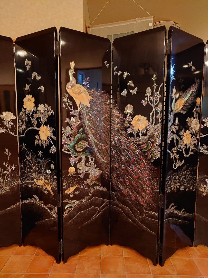 大型　孔雀の螺鈿　パーテーション　衝立て　屏風　 6つ折り
