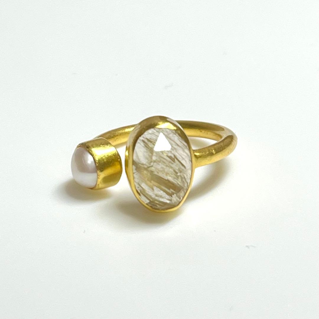 silver925 18kgp オープンリング〈ゴールドルチル、パール〉　指輪