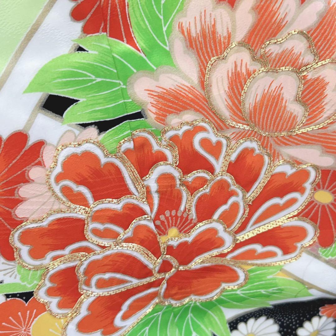 セット七五三7歳女の子長着＆袖なし長襦袢＆丸帯＆草履＆バッグ＆小物黄緑色金糸牡丹