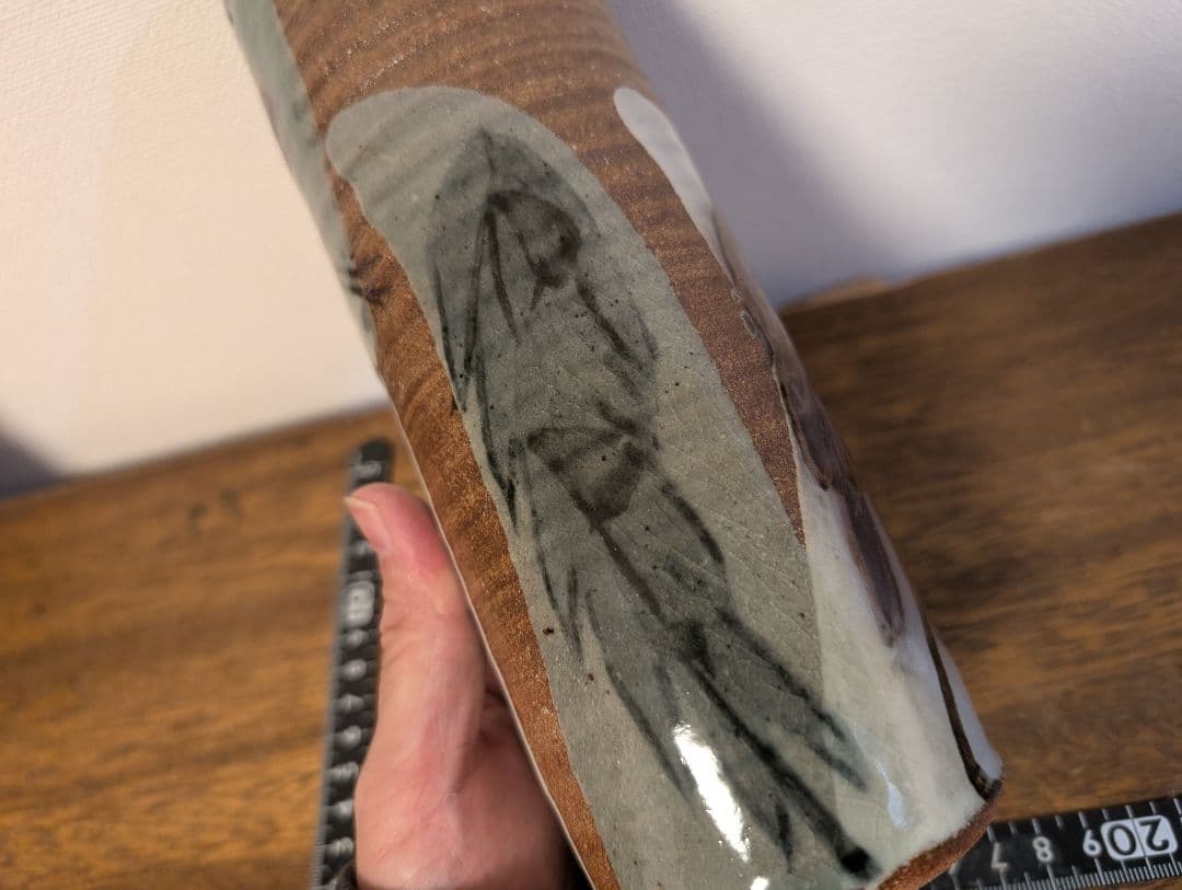 田村耕一　人間国宝　銅彩鶴画筒花入　花瓶　辰砂　花器　花瓶