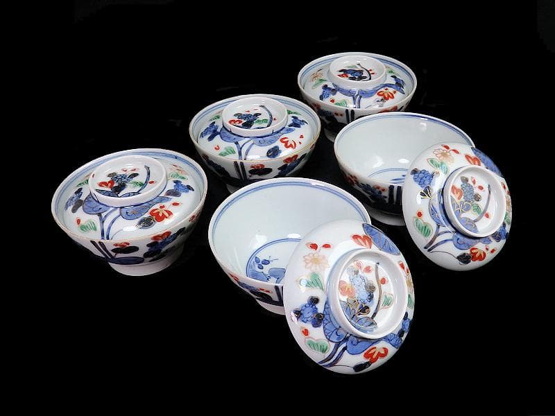 古伊万里　染錦　河骨紋の図　広東型　蓋茶碗　５客　C859AS-CEw